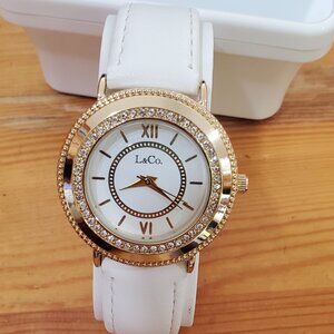 NEW Watch L & Co. Timepieces White Band Gold Face & Jewels